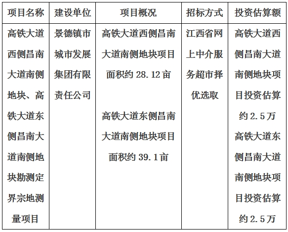 景德鎮(zhèn)市高鐵大道西側(cè)昌南大道南側(cè)地塊、高鐵大道東側(cè)昌南大道南側(cè)地塊勘測(cè)定界宗地測(cè)量項(xiàng)目計(jì)劃公告