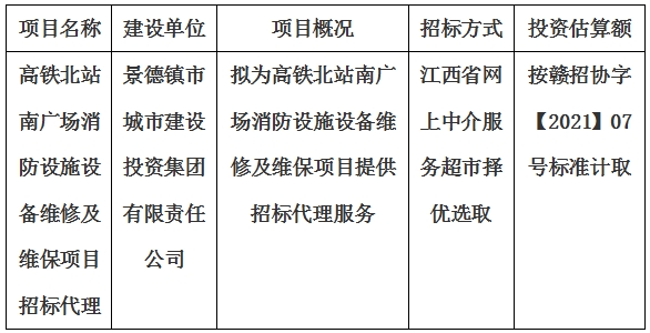 高鐵北站南廣場消防設(shè)施設(shè)備維修及維保項(xiàng)目招標(biāo)代理計劃公告