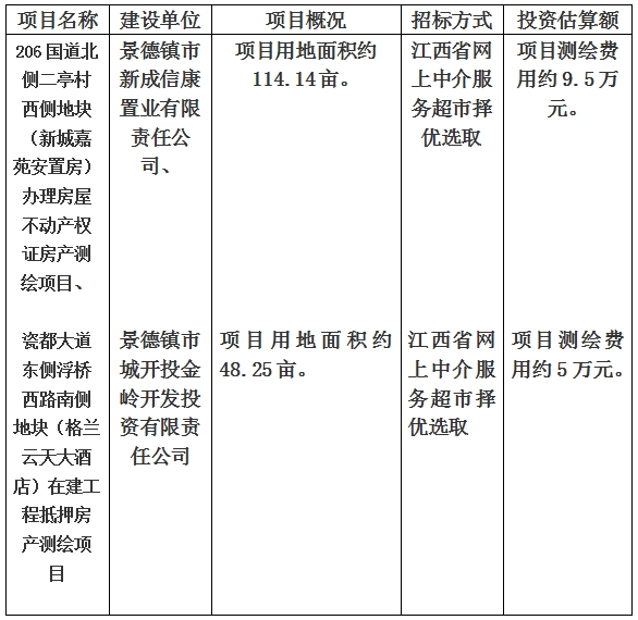 景德鎮(zhèn)市206國道北側(cè)二亭村西側(cè)地塊（新城嘉苑安置房）辦理房屋不動產(chǎn)權(quán)證房產(chǎn)測繪項目、瓷都大道東側(cè)浮橋西路南側(cè)地塊（格蘭云天大酒店）在建工程抵押房產(chǎn)測繪項目計劃公告