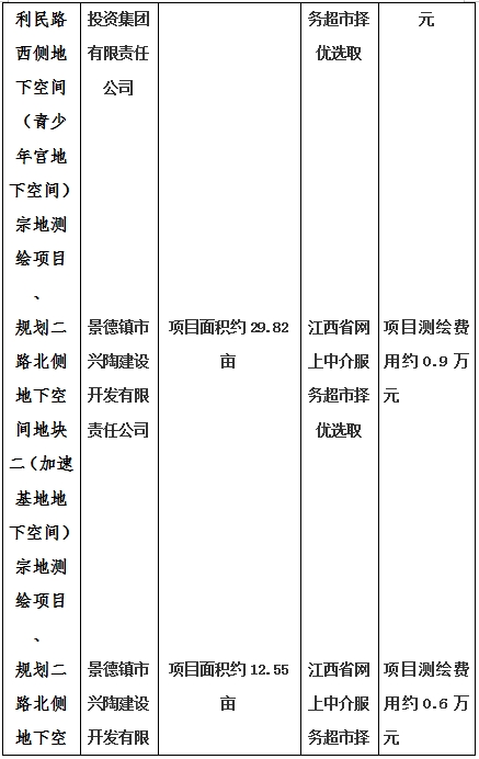 景德鎮(zhèn)市昌南新區(qū)LJ1-03-A01-1地塊、瓷都大道東側(cè)中渡口地下空間（格蘭云天大酒店地下空間）、光明大道北側(cè)利民路西側(cè)地下空間（青少年宮地下空間）、規(guī)劃二路北側(cè)地下空間地塊二（加速基地地下空間）、規(guī)劃二路北側(cè)地下空間地塊一（加速基地地下空間）、景德大道南側(cè)天寶橋西側(cè)地塊、景興大道東側(cè)如意路北側(cè)地下空間(社會(huì)公共服務(wù)