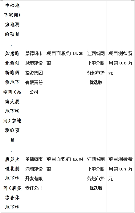 景德鎮(zhèn)市昌南新區(qū)LJ1-03-A01-1地塊、瓷都大道東側(cè)中渡口地下空間（格蘭云天大酒店地下空間）、光明大道北側(cè)利民路西側(cè)地下空間（青少年宮地下空間）、規(guī)劃二路北側(cè)地下空間地塊二（加速基地地下空間）、規(guī)劃二路北側(cè)地下空間地塊一（加速基地地下空間）、景德大道南側(cè)天寶橋西側(cè)地塊、景興大道東側(cè)如意路北側(cè)地下空間(社會(huì)公共服務(wù)